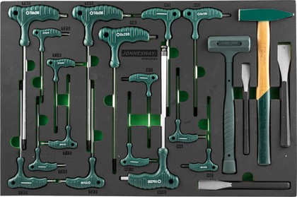 Набор угловых отверток (торцевых ключей), шестигранных и TORX®, молотков и зубил. 21 предмет в EVA ложементе 560х400 мм.